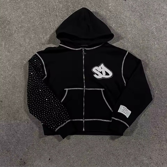 SD Embroidery Flash Diamond Oversize Zipper Hoodie - Picture 1 of 3